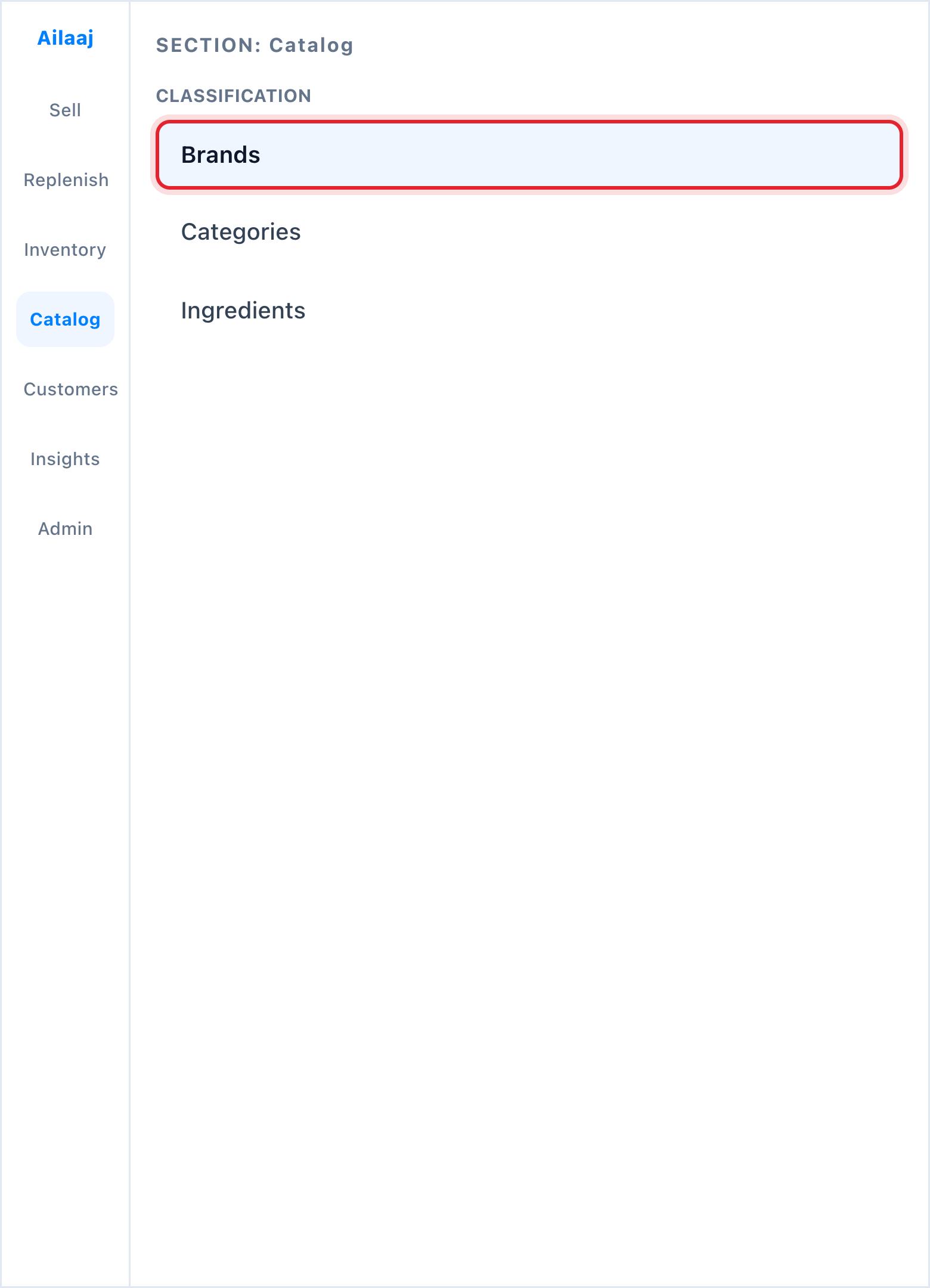 Sidebar with Brands highlighted under Classification.