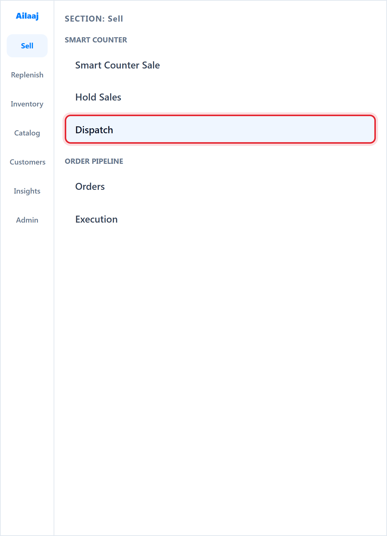 App sidebar with Sell → Smart Counter → Dispatch highlighted