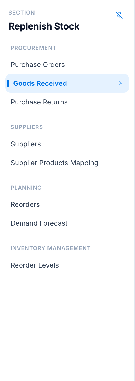 The Replenish Stock sidebar panel with the Procurement section showing Purchase Orders, Goods Received, and Purchase Returns.
