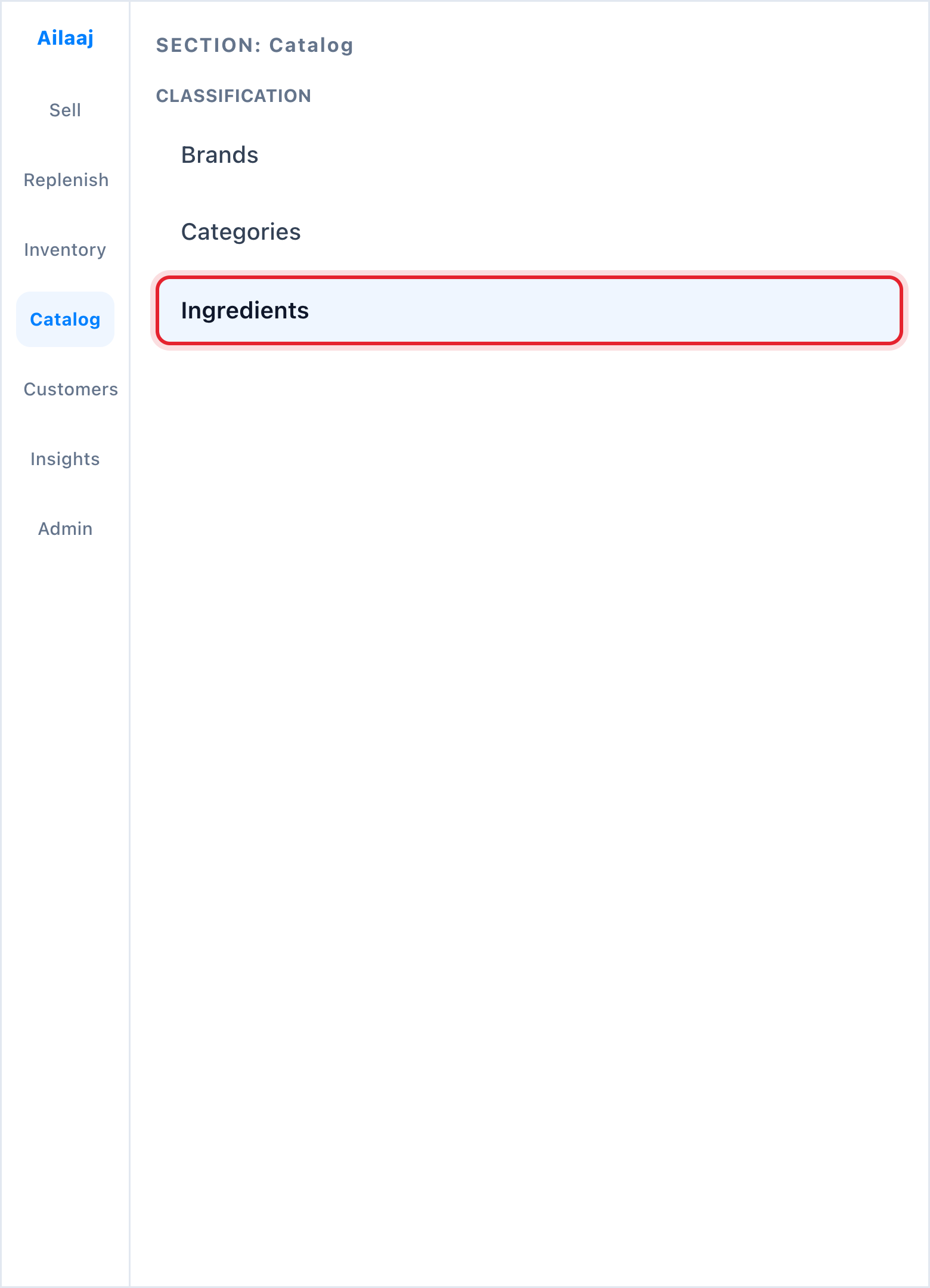 Sidebar with Ingredients highlighted under Classification.