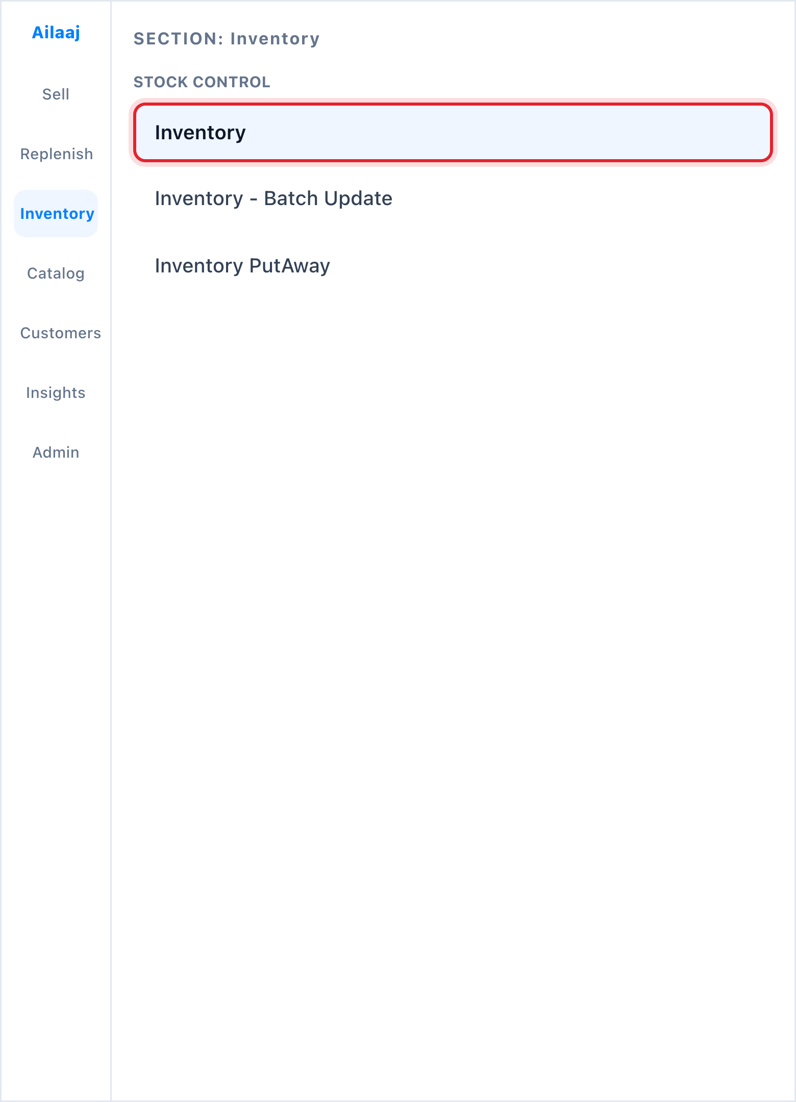 Sidebar with Inventory highlighted under Stock Control.