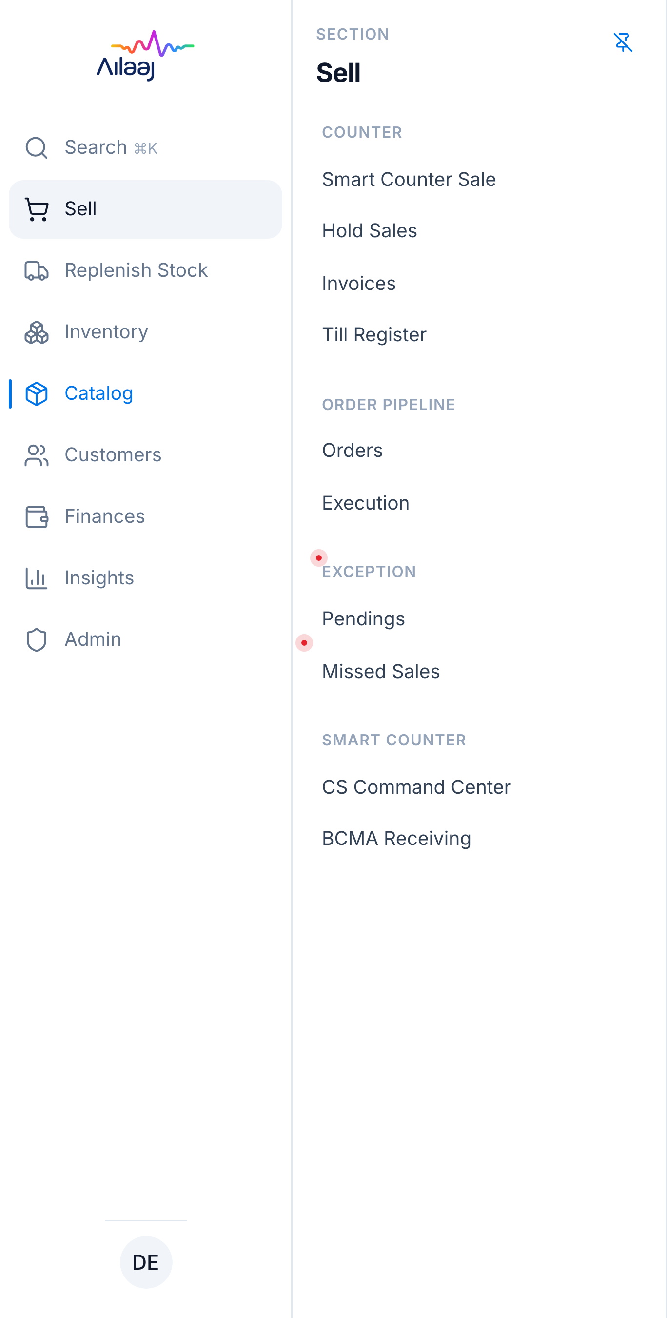 App sidebar with Sell → Exception → Missed Sales highlighted