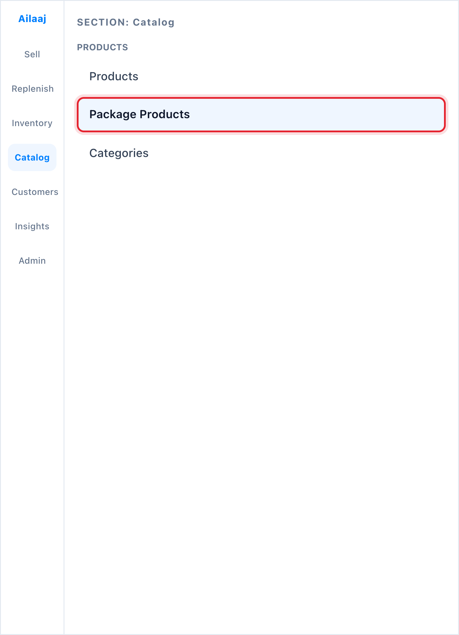 Sidebar with Package Products highlighted under Products.