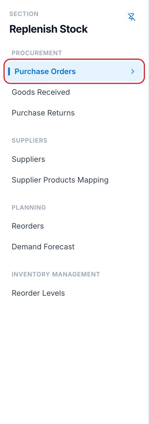 The Replenish Stock sidebar panel with the Procurement section expanded and 'Purchase Orders' highlighted.