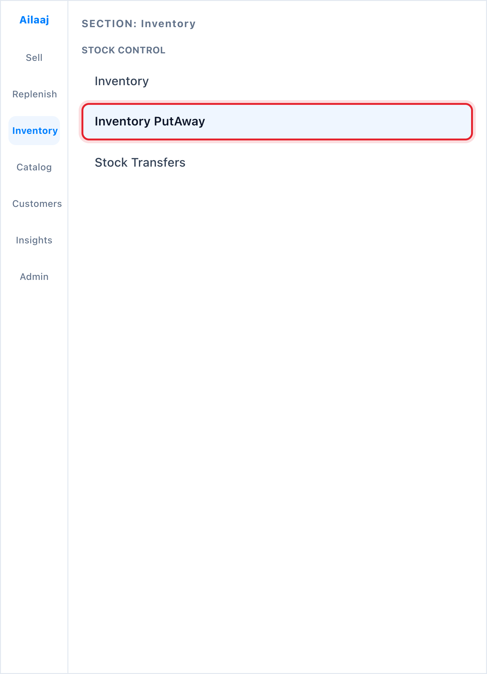 Sidebar with Inventory PutAway highlighted under Stock Control.