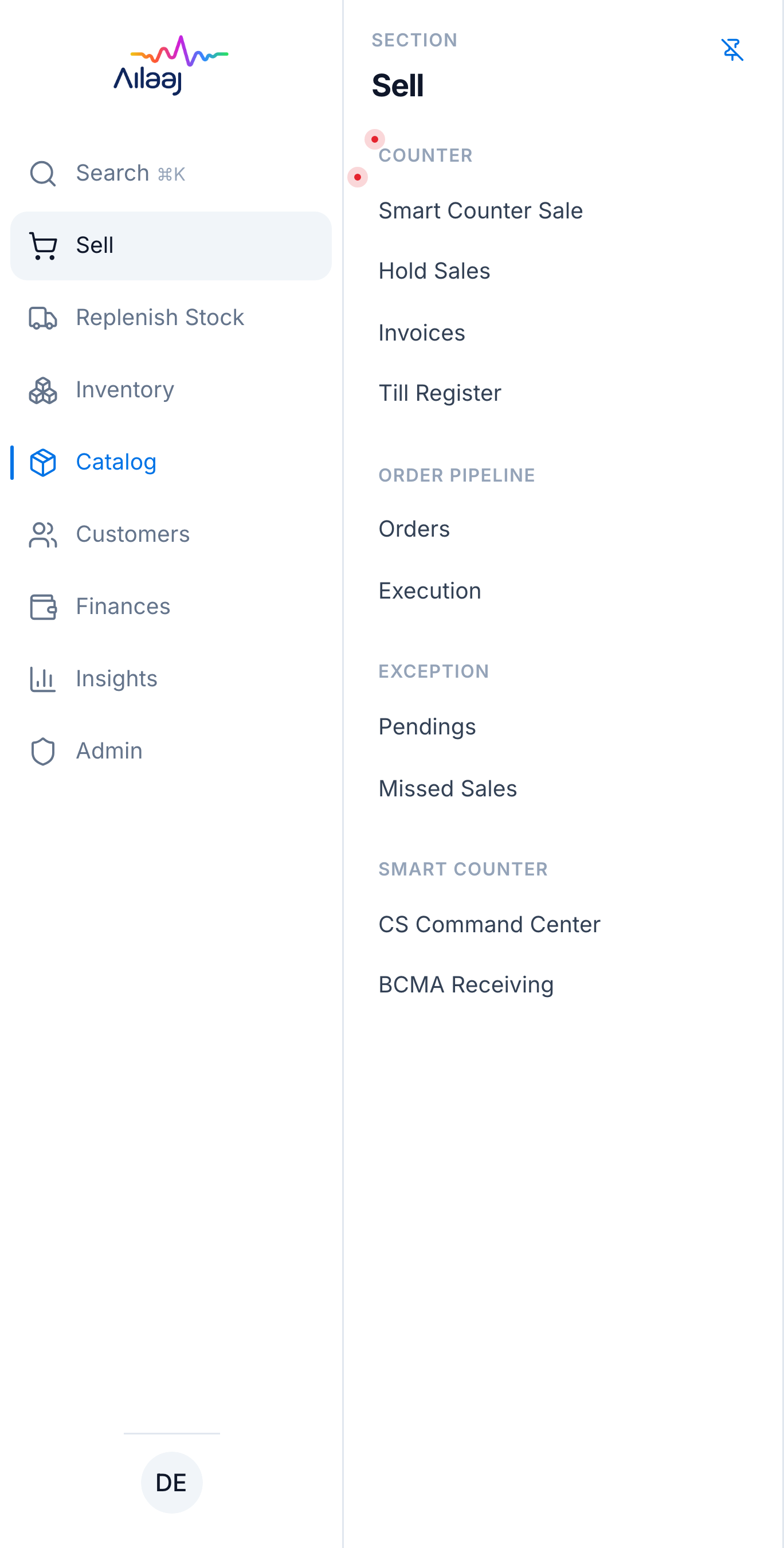 App sidebar with Sell → Counter → Smart Counter Sale highlighted