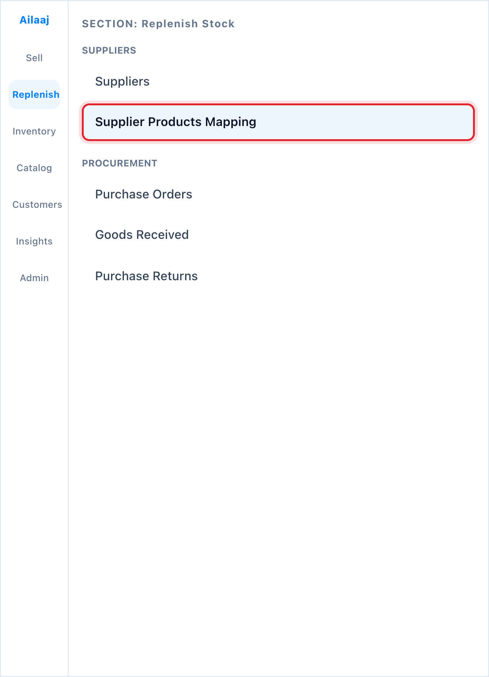 Replenish Stock sidebar with Supplier Products Mapping highlighted.