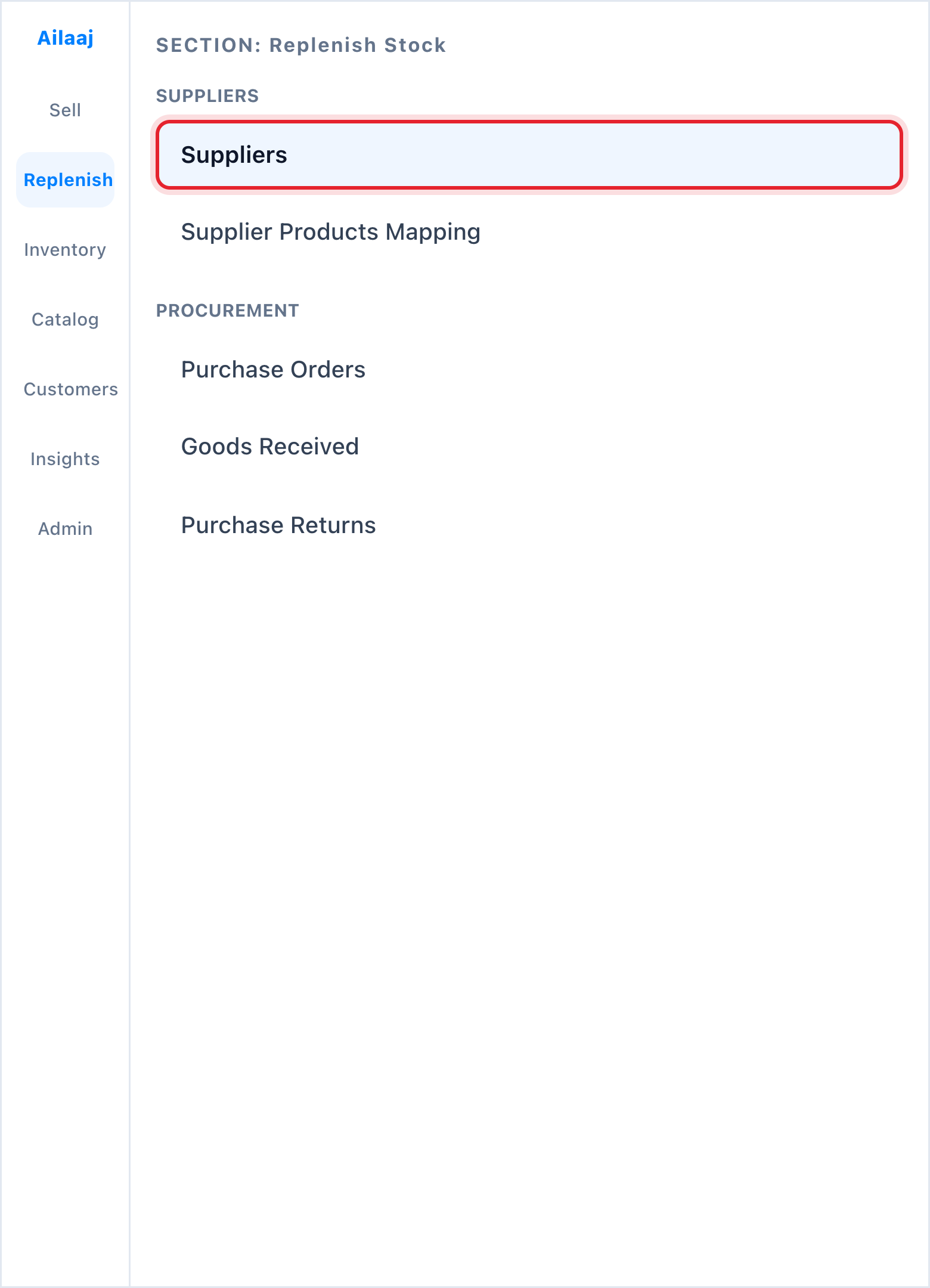 The Replenish Stock sidebar panel with the Suppliers section expanded and 'Suppliers' highlighted.