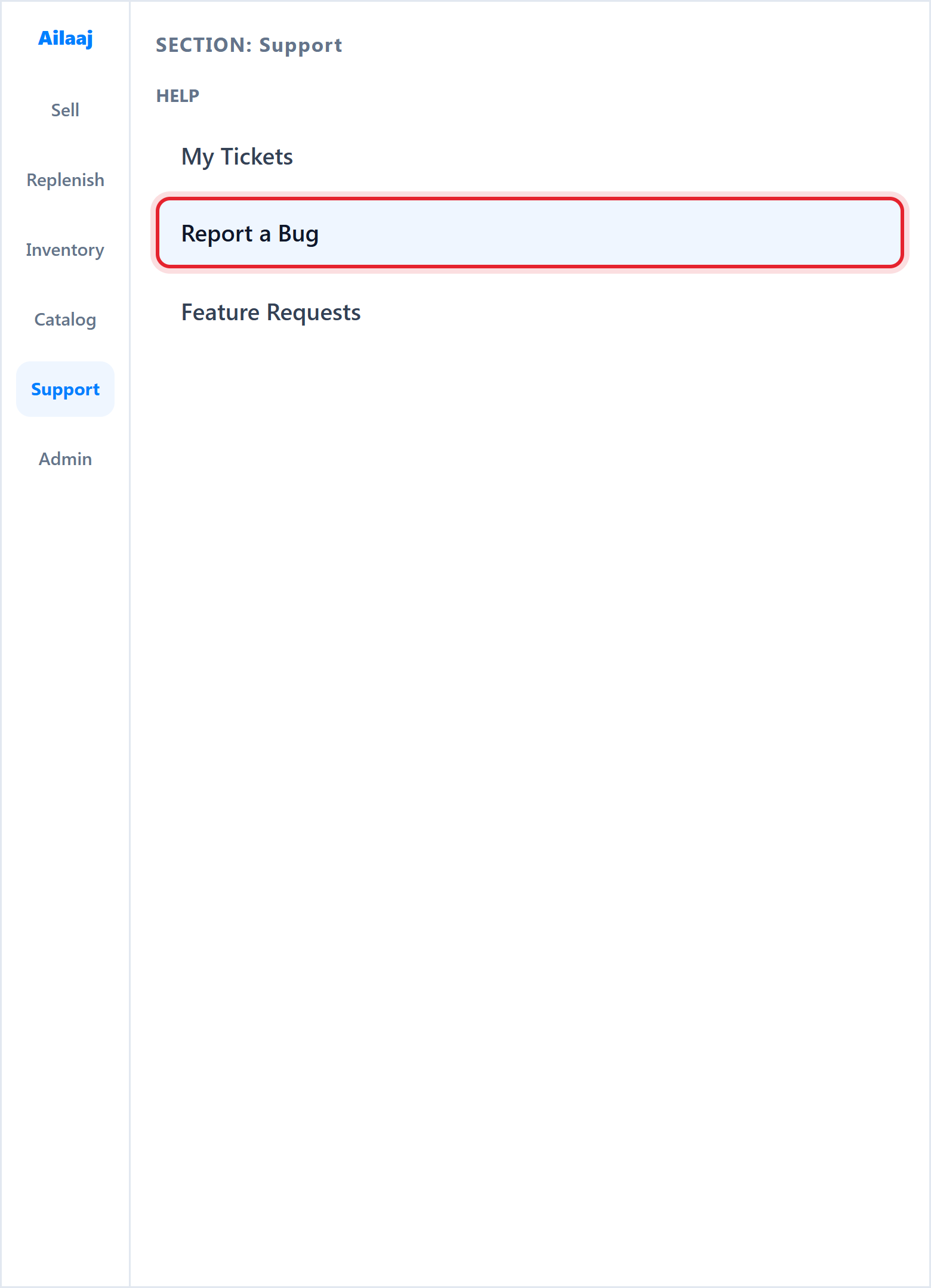 Support intent panel with Help section expanded and Report a Bug highlighted.