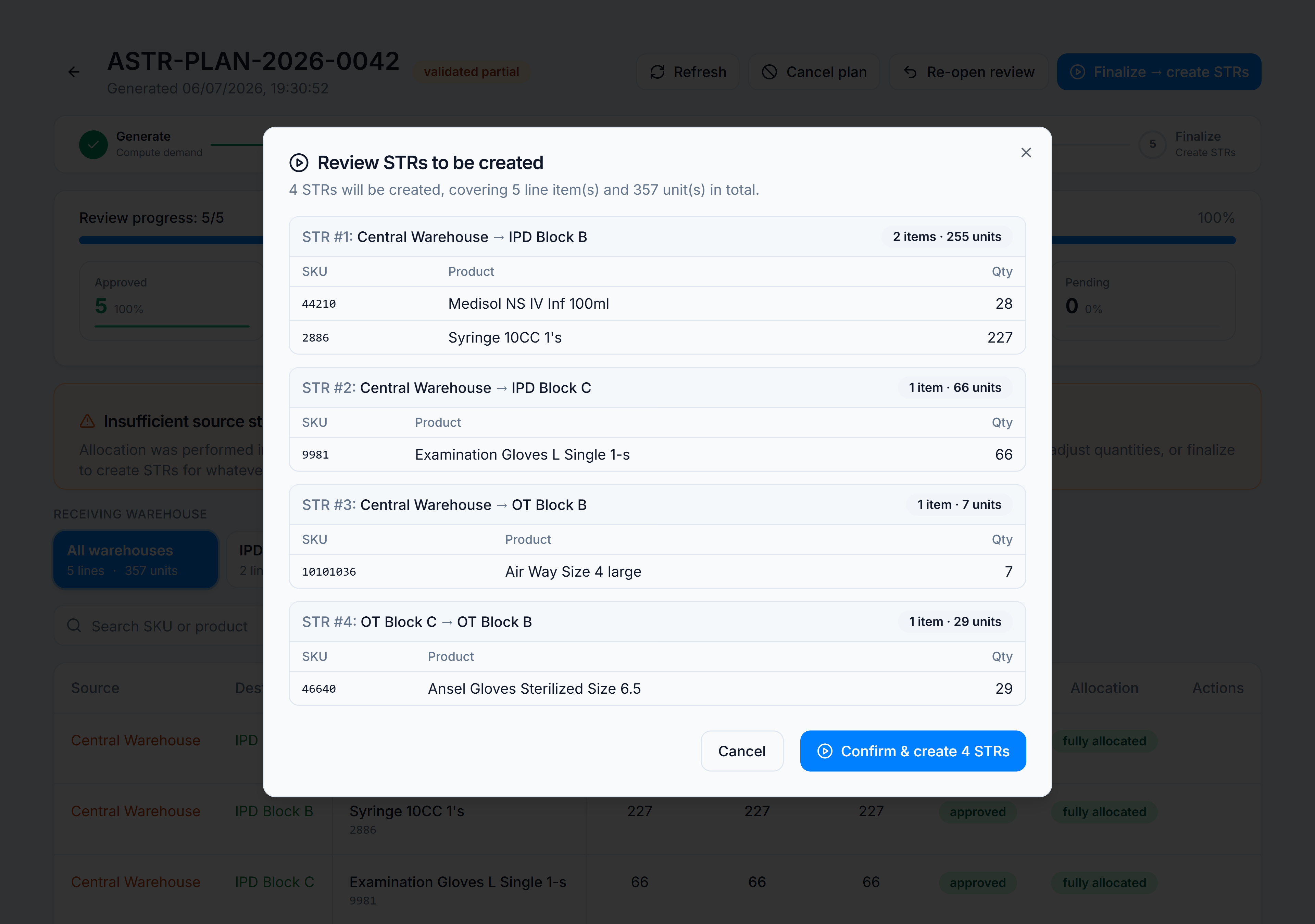 STR preview dialog grouped by source warehouse to destination with SKU quantities