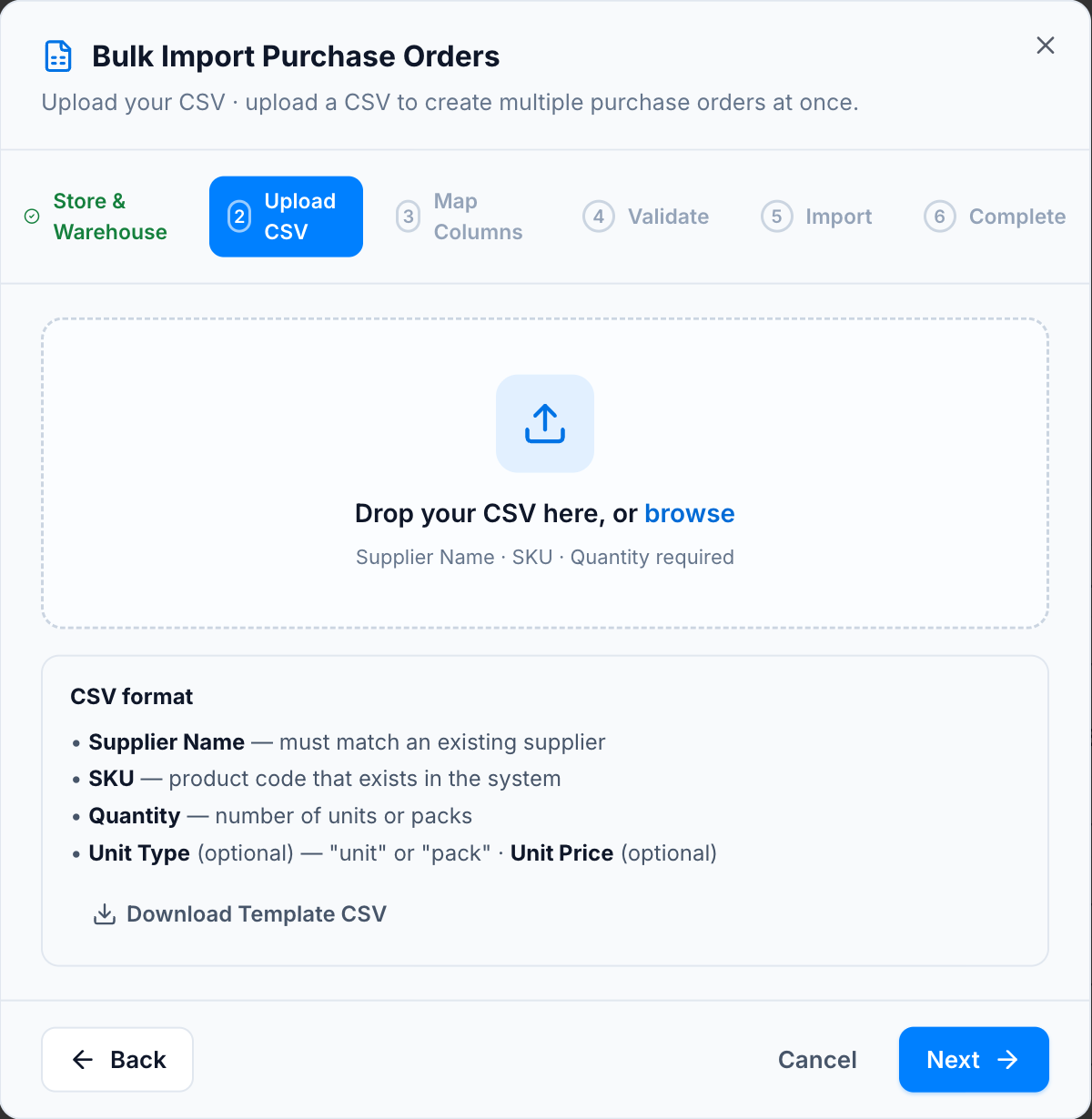 The Bulk Import Purchase Orders wizard: a six-step stepper (Store & Warehouse, Upload CSV, Map Columns, Validate, Import, Complete) above a drag-and-drop CSV dropzone with the required-columns reference and a Download Template CSV link.