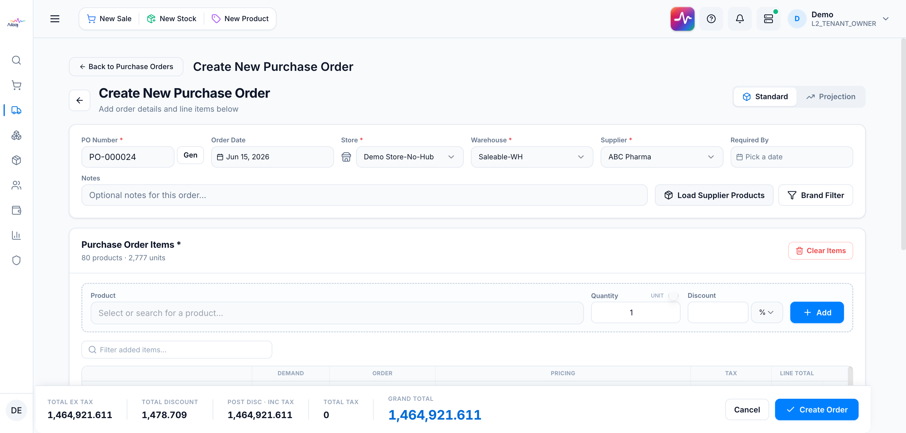 The Create New Purchase Order form: header card with required (*) Store, Warehouse, and Supplier fields, the product-add row, the line-item table, and the sticky totals bar.
