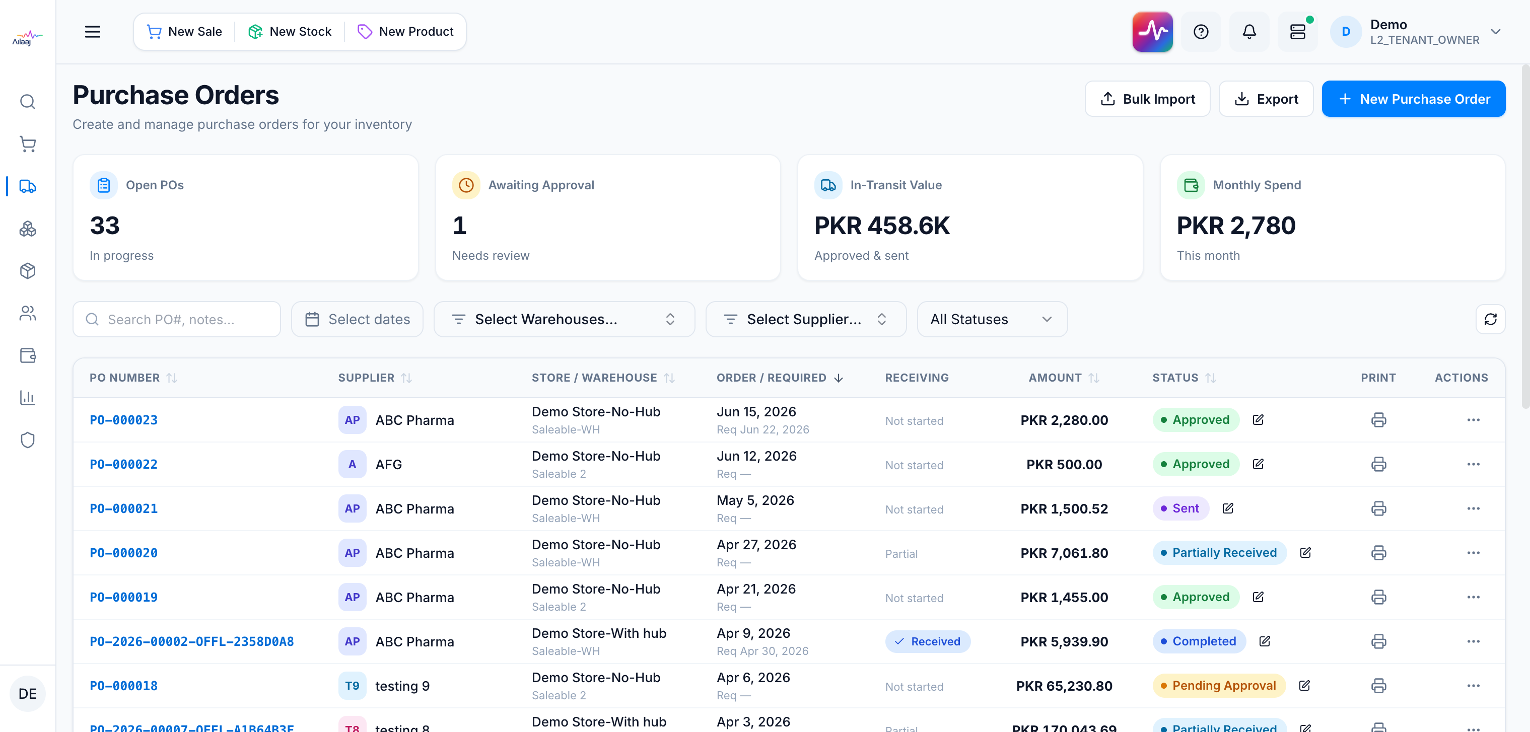 The Purchase Orders list: a KPI strip (Open POs, Awaiting Approval, In-Transit Value, Monthly Spend), a filter bar, and rows with colored status pills.