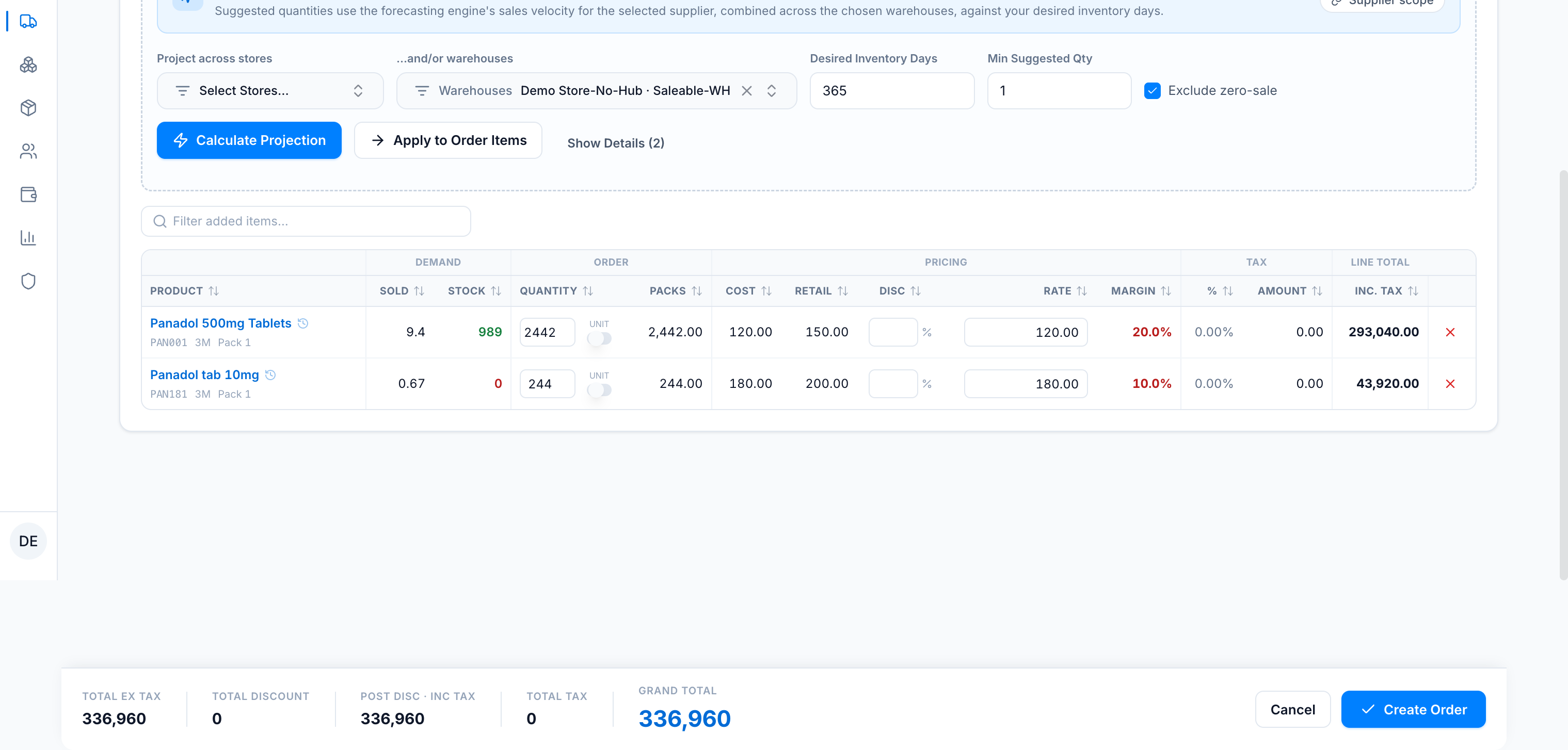 Projection mode: controls for stores, warehouses, Desired Inventory Days and Min Suggested Qty, with a results table showing each product's daily sales velocity (Sold), current Stock, and the suggested Quantity.